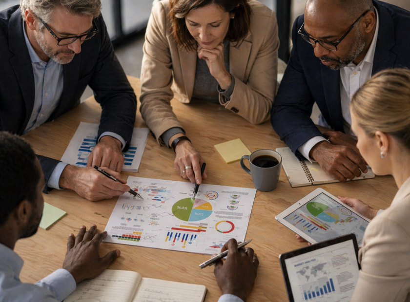 Group of colleagues in an office surround a sheet with charts on a wooden table.