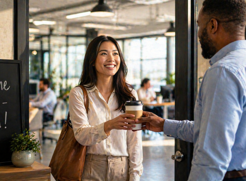 Man and woman exchange a cup of coffee while walking into their office.