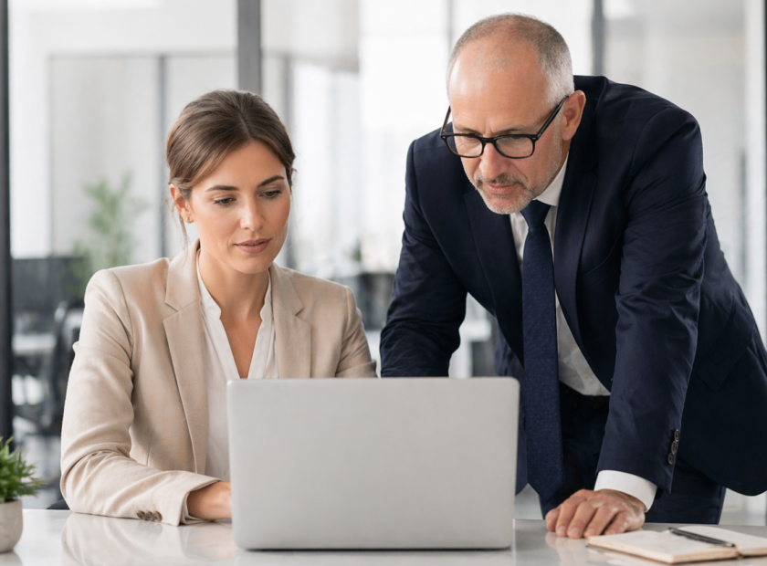 A man and woman in an office setting looking at laptop with one man pointing at the screen.