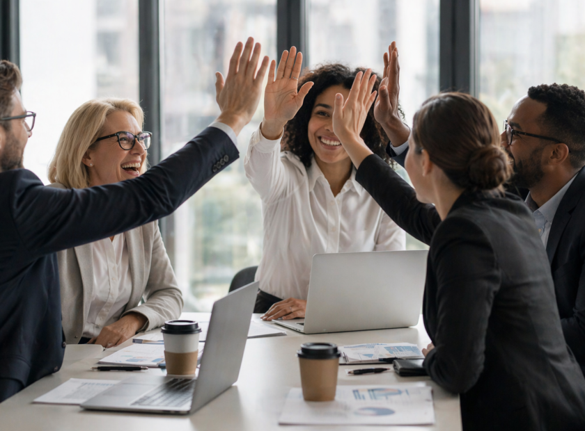 Smiling group of employees give each other high fives in well-lit conference room