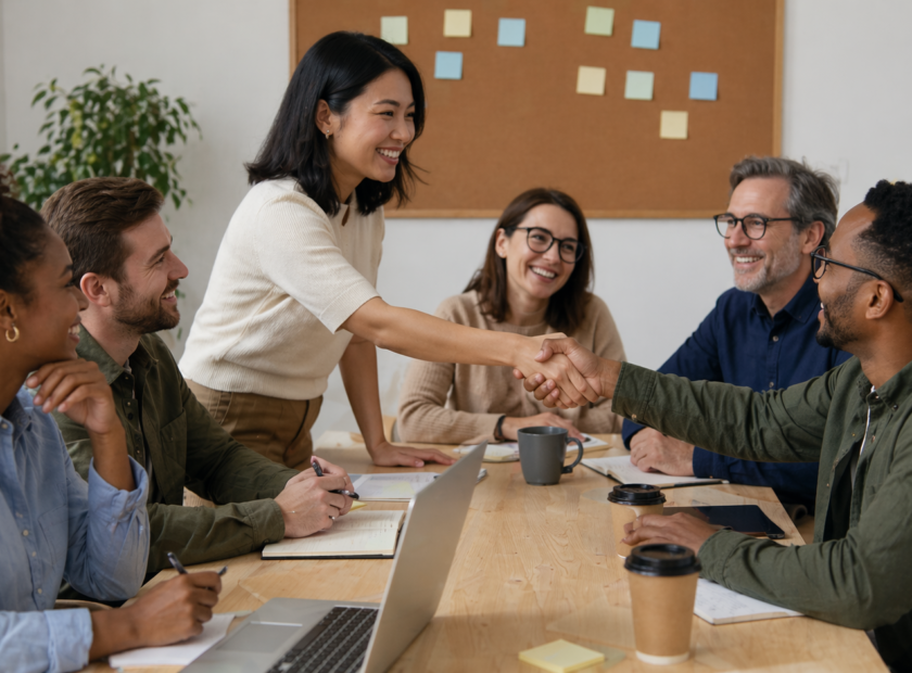 2 students shake hands at a desk as friends sitting at the desk look on and smile.
