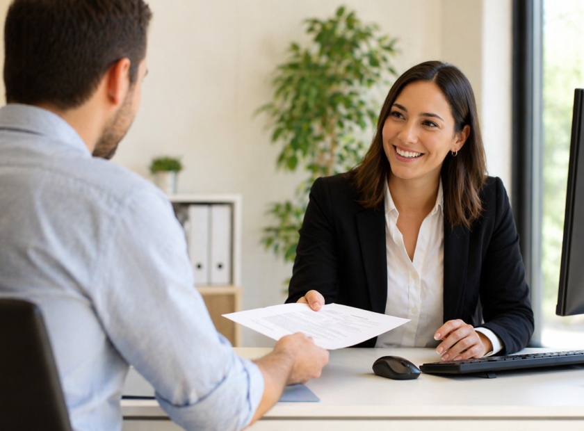 Executive coach and student smiling at office desk.