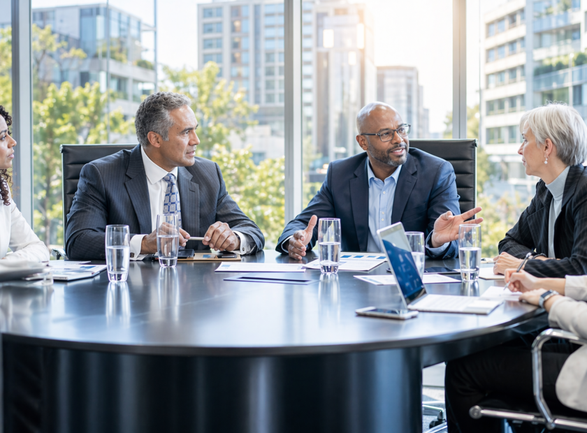 Executives sit around a large boardroom table talking