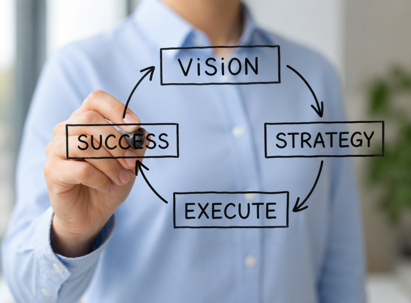 Man in a blue shirt draws out Success, Vision, Strategy, Execute on a floating display.