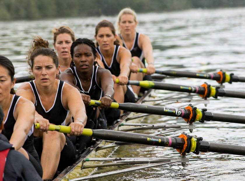 Team of women rowers on canoe row while being encouraged by coach.