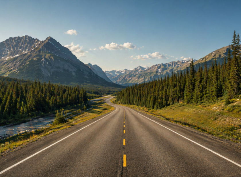 Aerial photo of a large open highway with mountains in the distance.