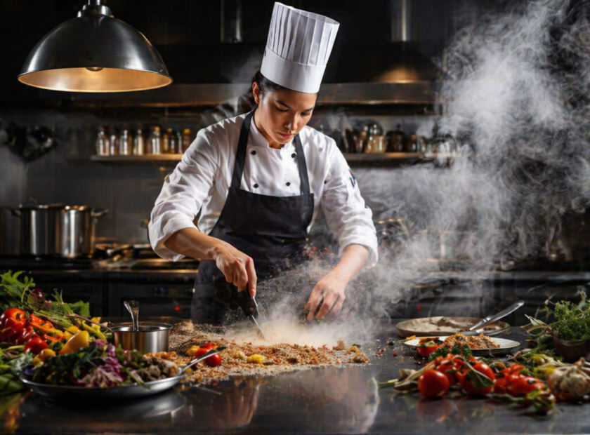 Professional chef prepares food over smoky, hot grill.