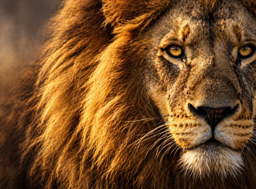 Close-up of a lion staring into the distance.