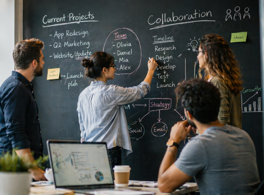 Group works together on a problem at a chalk board in an office.