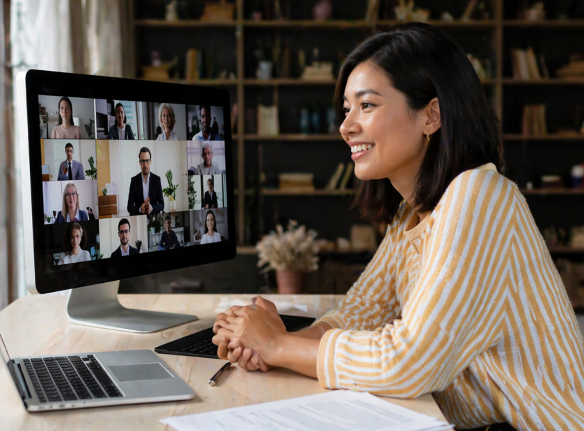 Woman smiles while looking at video chat of a group of colleagues.