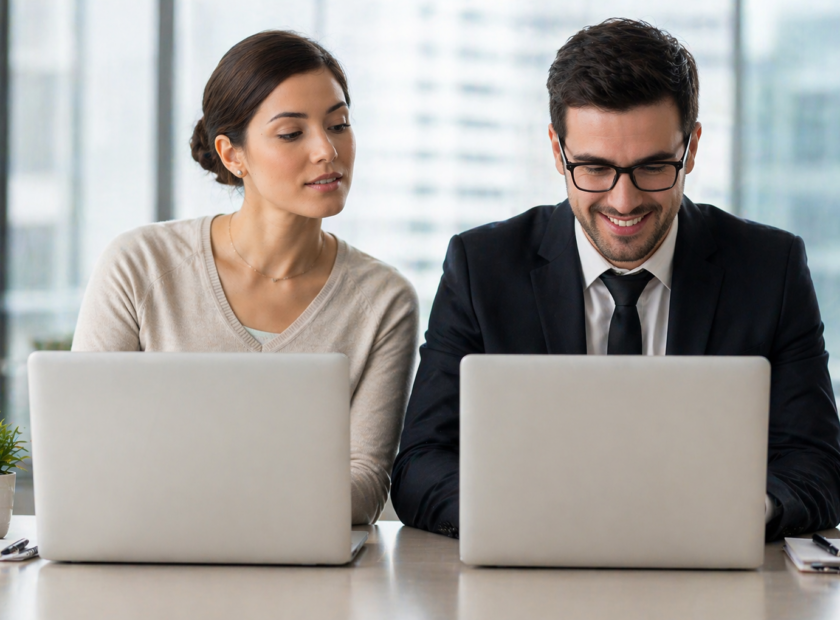 Woman looks over at something on her male neighbor's laptop screen as he smiles.