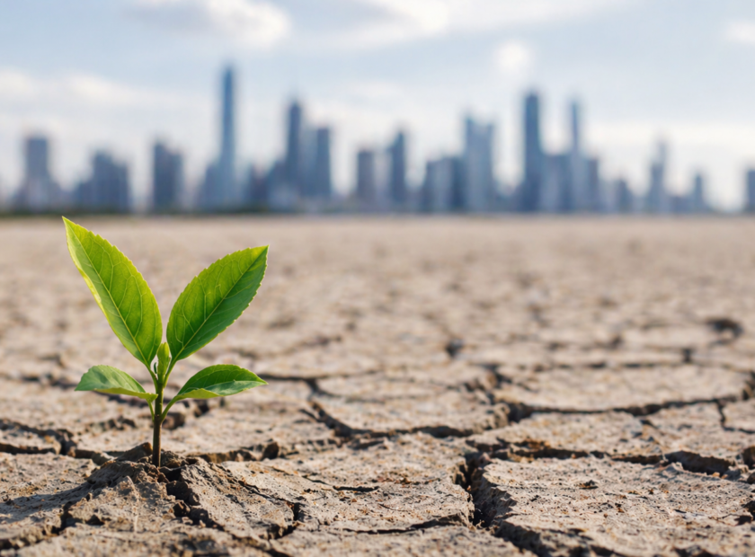 Small green plan sprouts up from dry earth with a large city in the background.