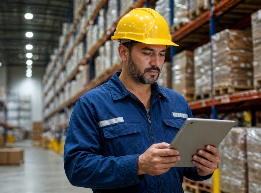 Man in yellow hard hat standing in warehouse looks at tablet.