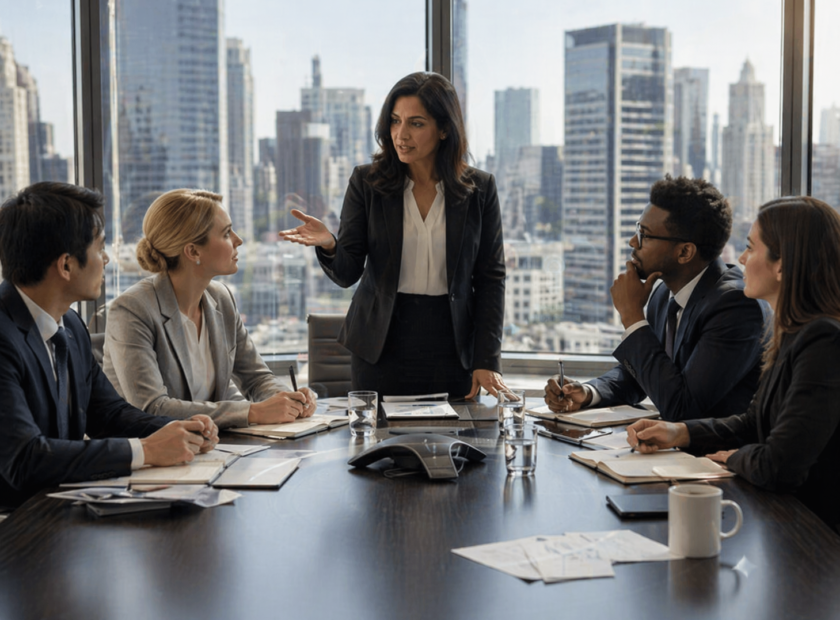 Rendering of a CEO speaking with her team in a boardroom overlooking a city.