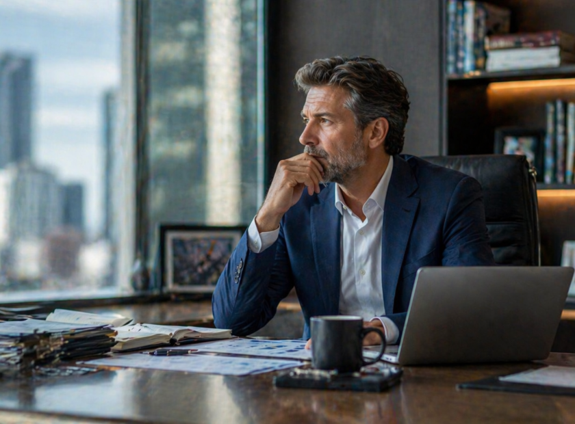 CEO contemplates his future, looking off into the distance from his office desk.