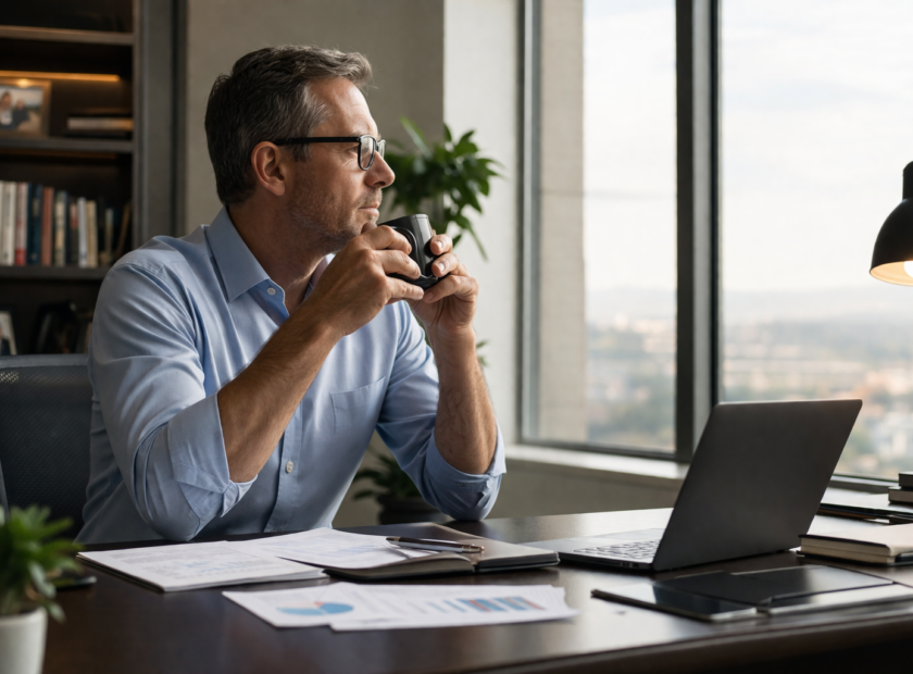 CEO looks out of office window on a cloudy day.