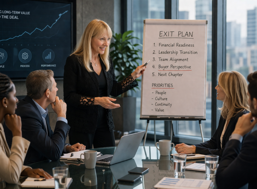 Female CEO stands at an easel talking to a board room full of attendees.