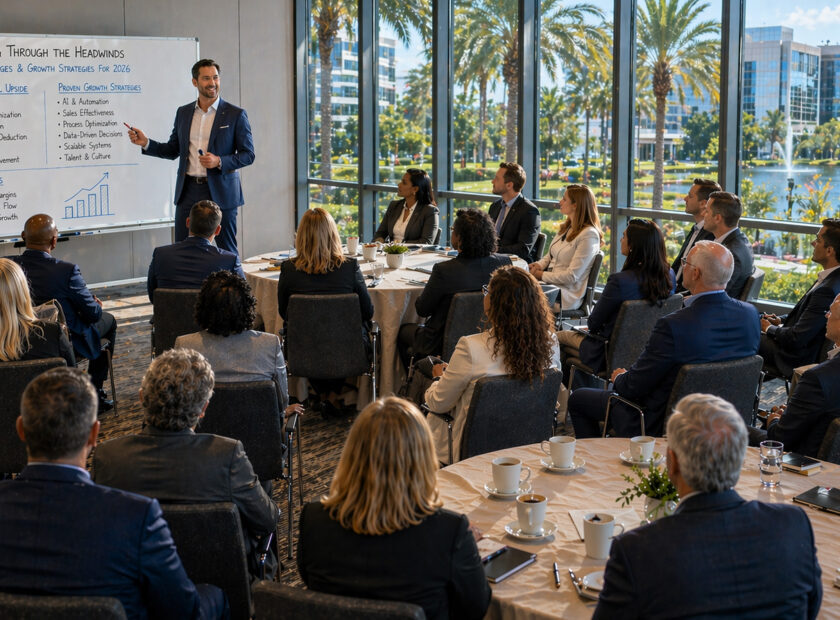 CEO breakfast summit with business leaders attending a keynote on tax advantages and growth strategies for 2026 in a bright South Florida meeting space.