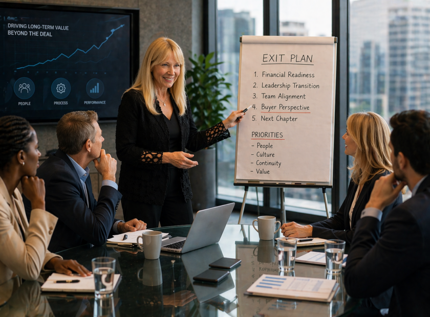 Female CEO stands at an easel talking to a board room full of attendees.