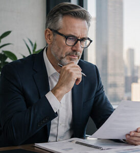 CEO in a black suit and open collar reads sheet of paper in his office.