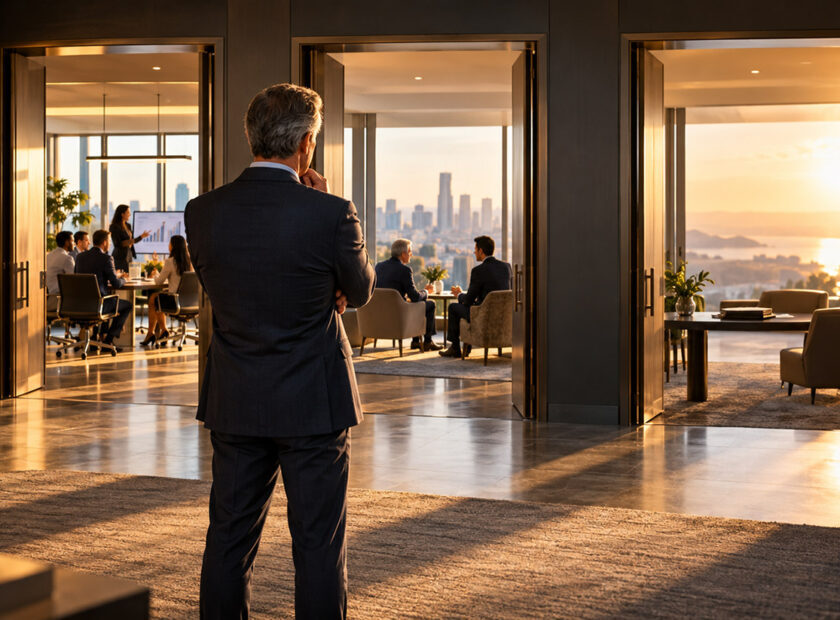 Executive in business suit looks at team working while contemplating the future.