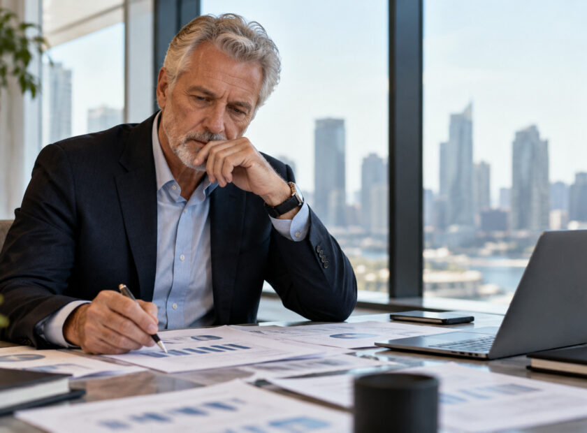 Thoughtful executive in business casual reviews charts at his desk.
